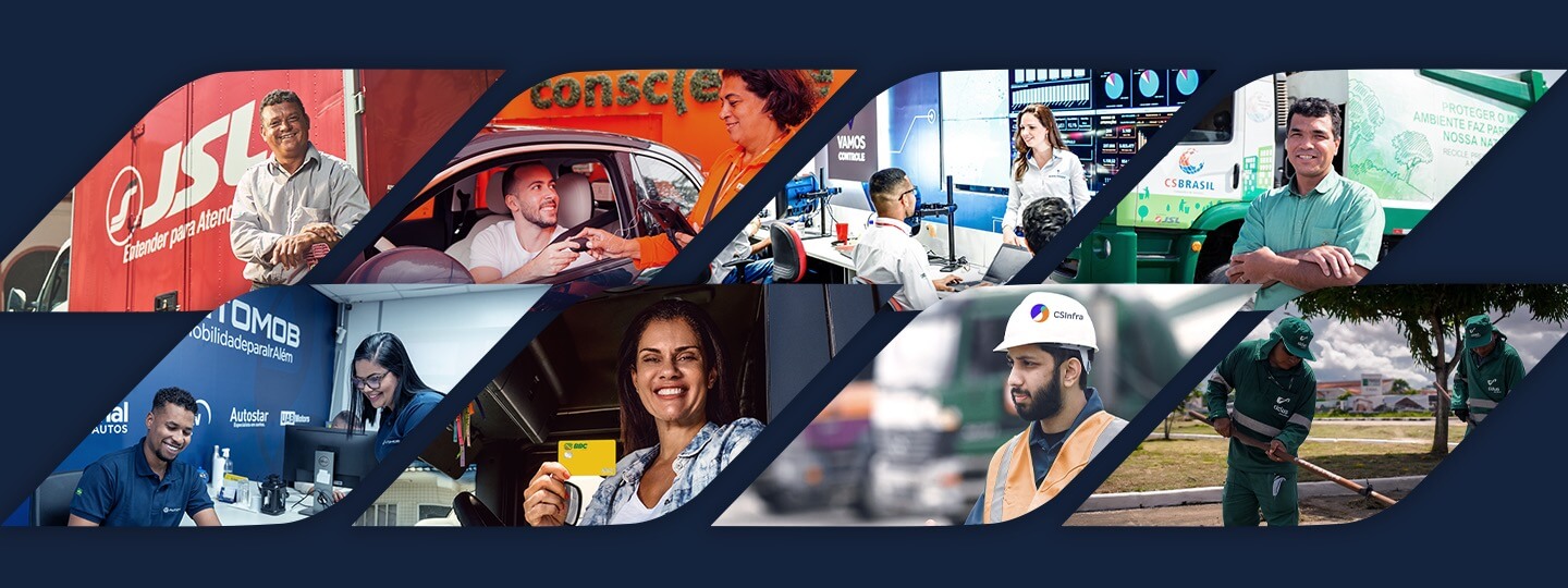 Funcionários das empresas do Grupo Simpar junto aos logos do Grupo e das empresas controladas