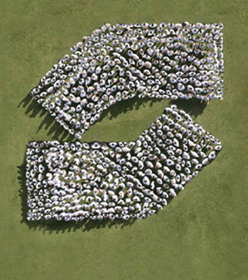 Agrupamento de pessoas em gramado que formam o logo da Simpar